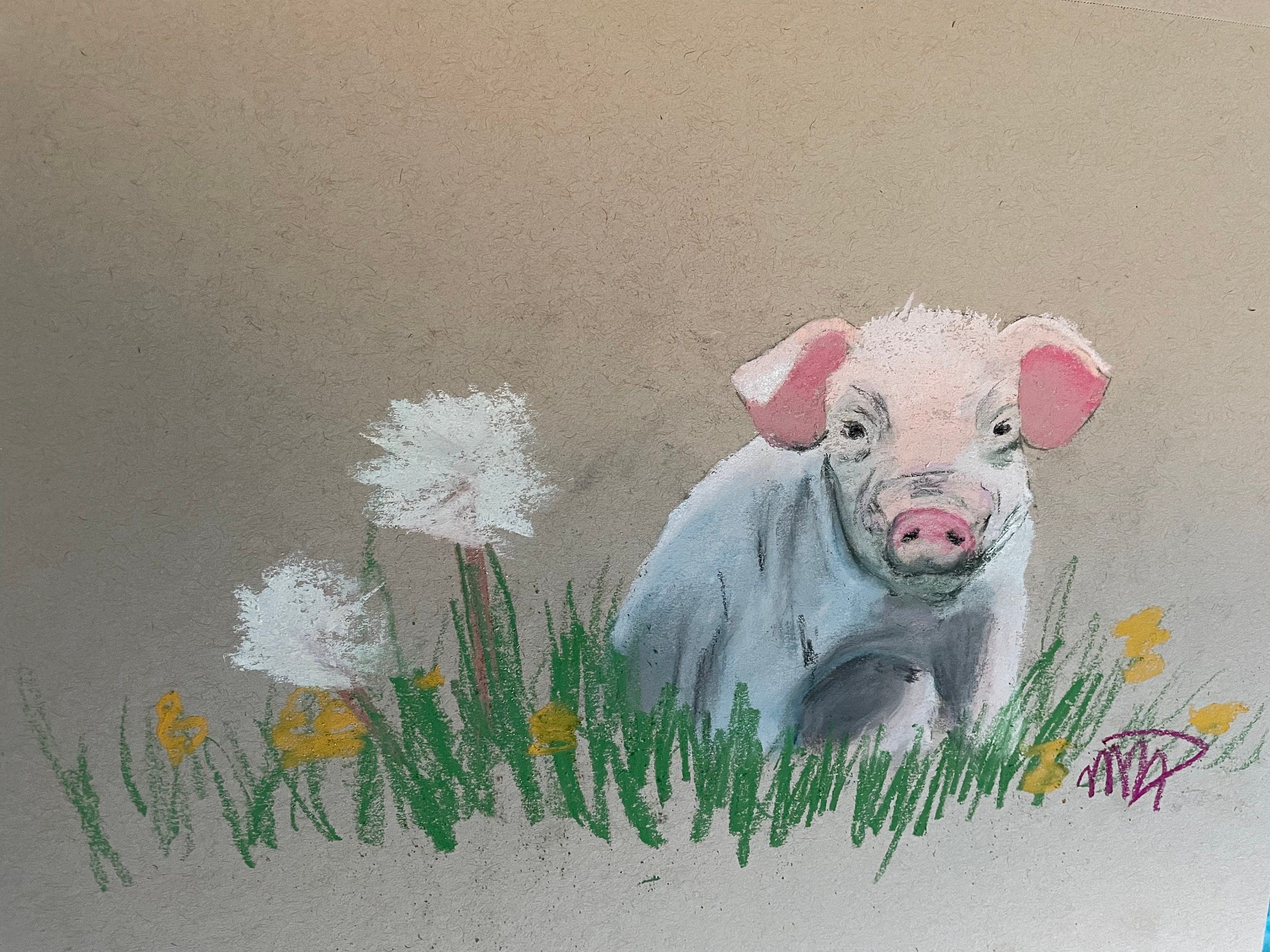 Pig Print: Chalk Pastel Spring Flowers Art