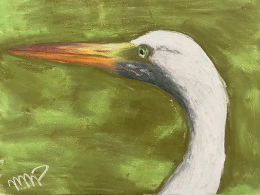 Pastel portrait of a great egret with a bright orange bill against a soft green marsh background.