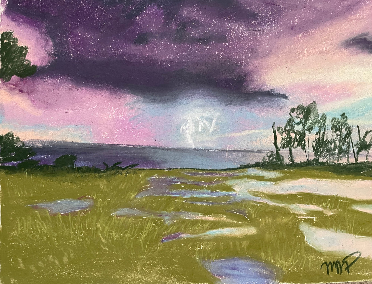 Atmospheric coastal marsh landscape with reflective pools beneath a dramatic purple storm sky.