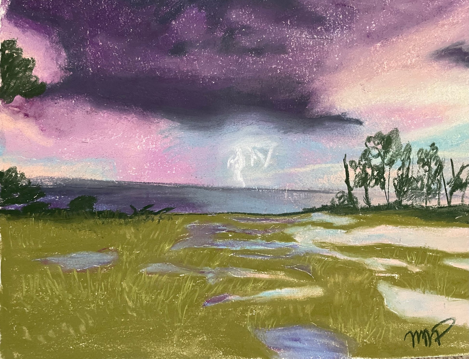 Atmospheric coastal marsh landscape with reflective pools beneath a dramatic purple storm sky.