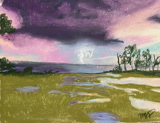 Atmospheric coastal marsh landscape with reflective pools beneath a dramatic purple storm sky.